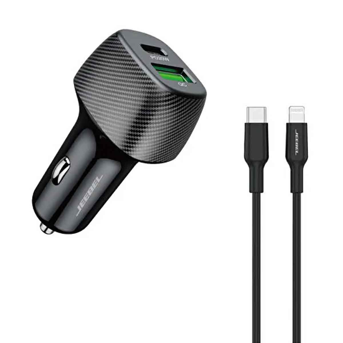 جيبل شاحن سيارة ثنائي المنافذ 38 واط USB-C PD وUSB-A QC 3.0 مع كابل تايب-سي معتمد MFi باللون الأسود