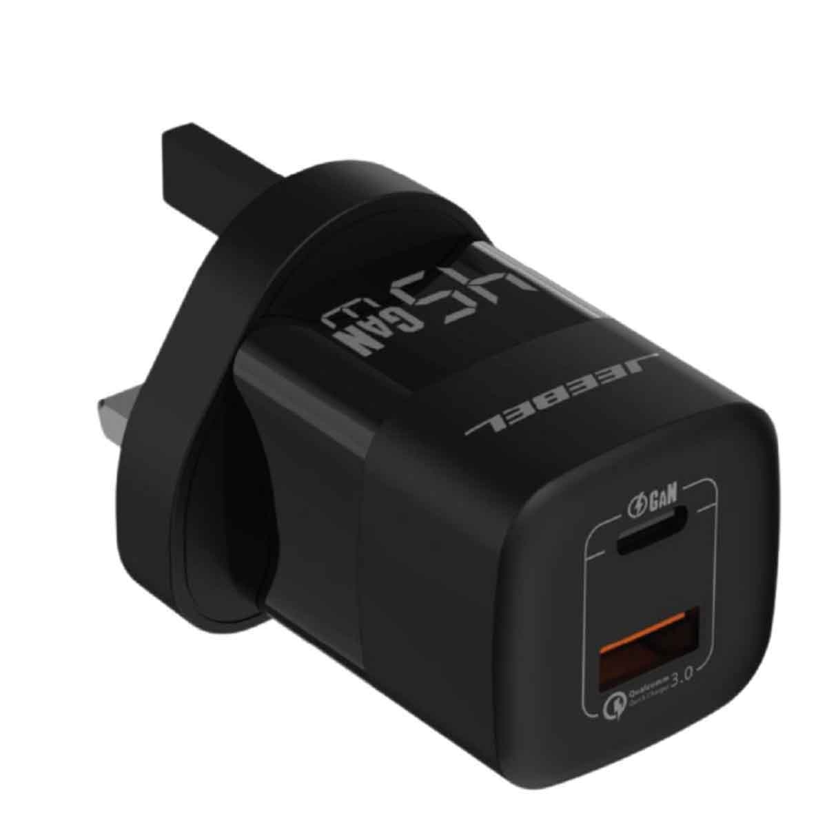 Jeebel Black 45W GaN USB-C PD & USB A QC 3.0 Compact Fast Charging Wall Charger