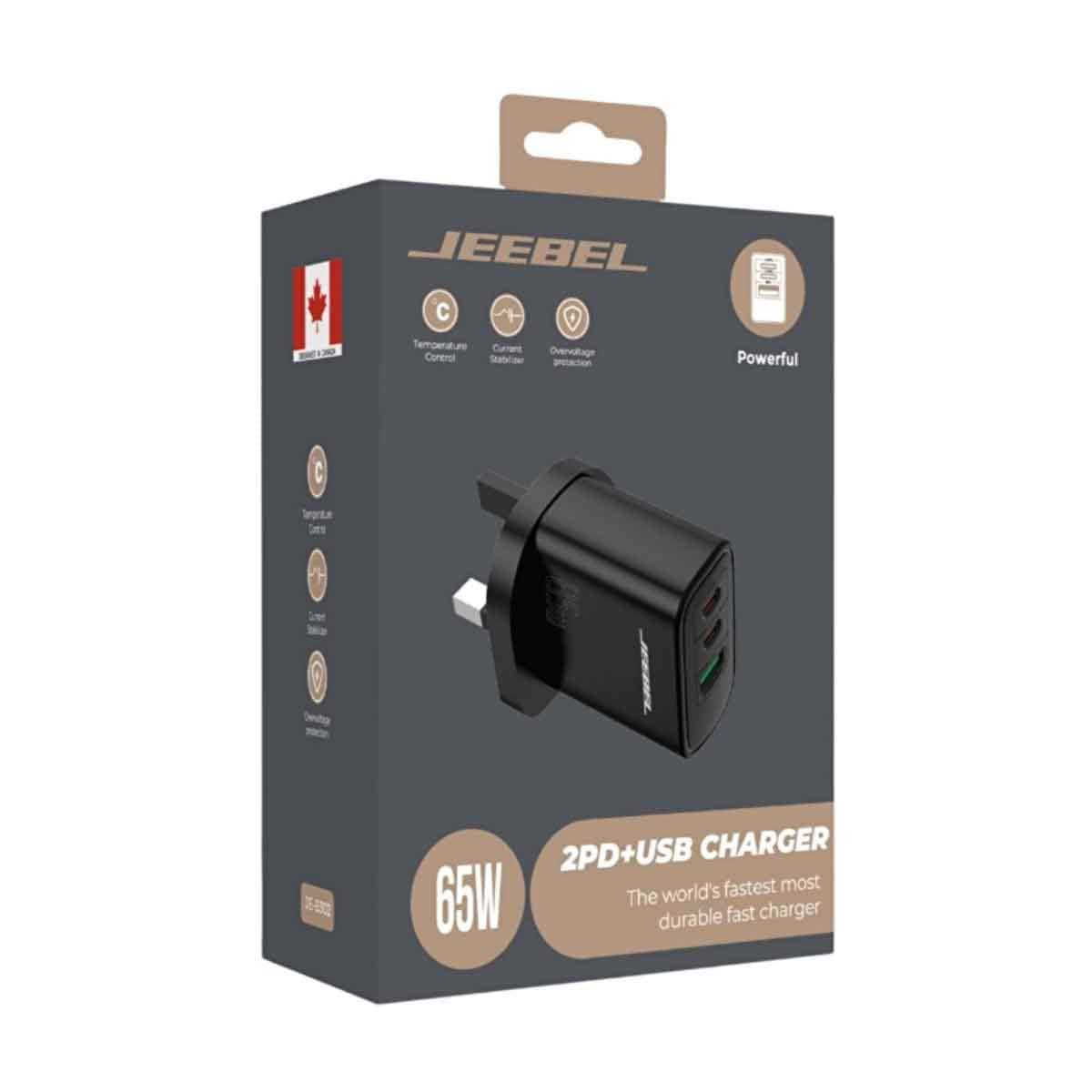 جيبل شاحن حائط سريع ثلاثي المنافذ 65 واط USB-C PD مزدوج وUSB QC 3.0 باللون الأسود