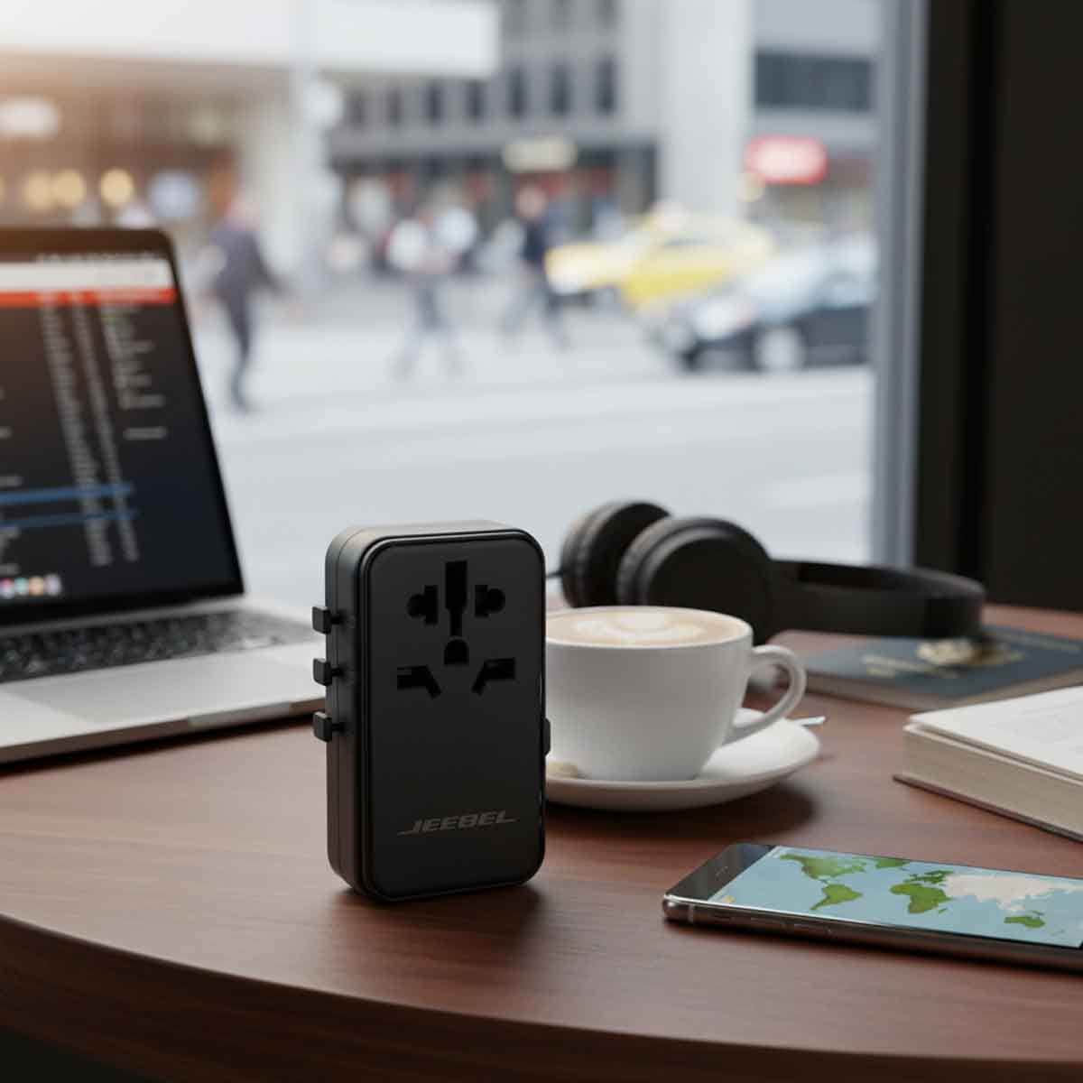 Jeebel Black 65W GaN Universal Travel Adapter With Built In USB-C Cable