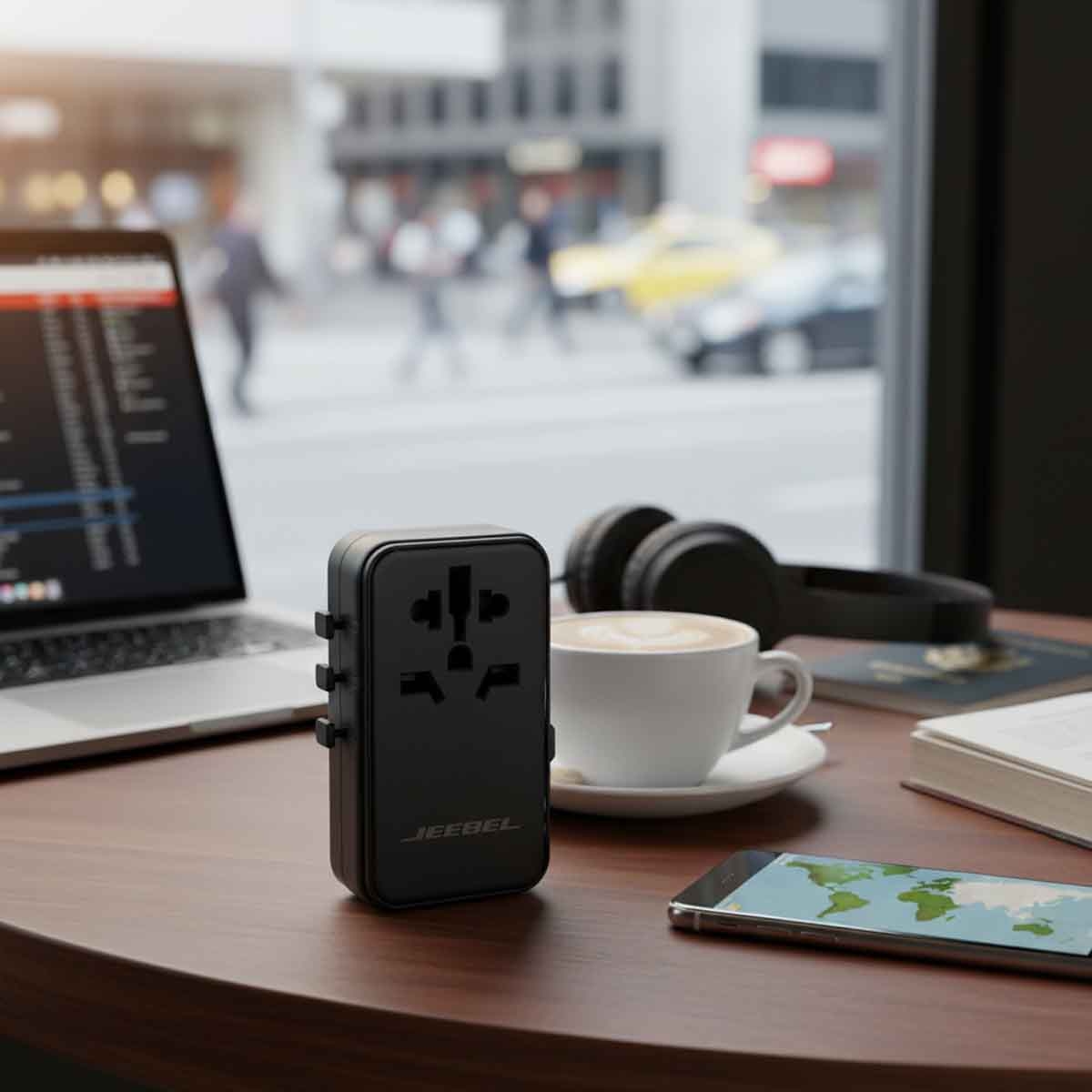 Jeebel Black 65W GaN Universal Travel Adapter With Built In USB-C Cable