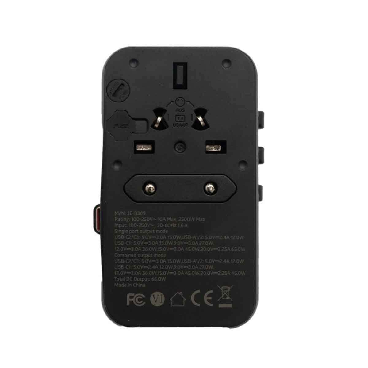 Jeebel Black 65W GaN Universal Travel Adapter With Built In USB-C Cable