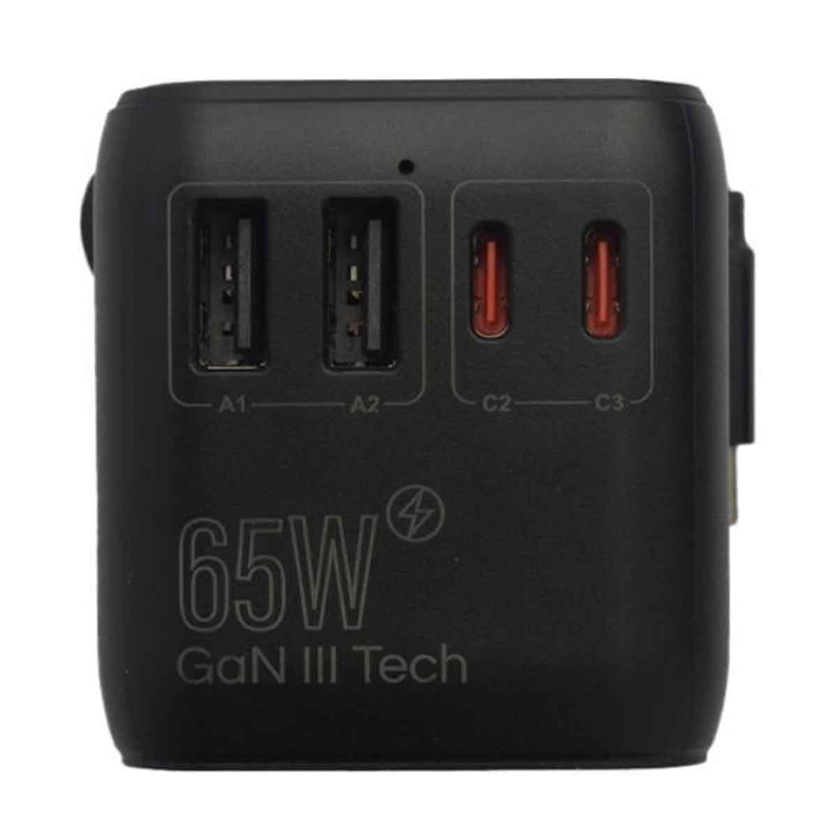 Jeebel Black 65W GaN Universal Travel Adapter With Built In USB-C Cable