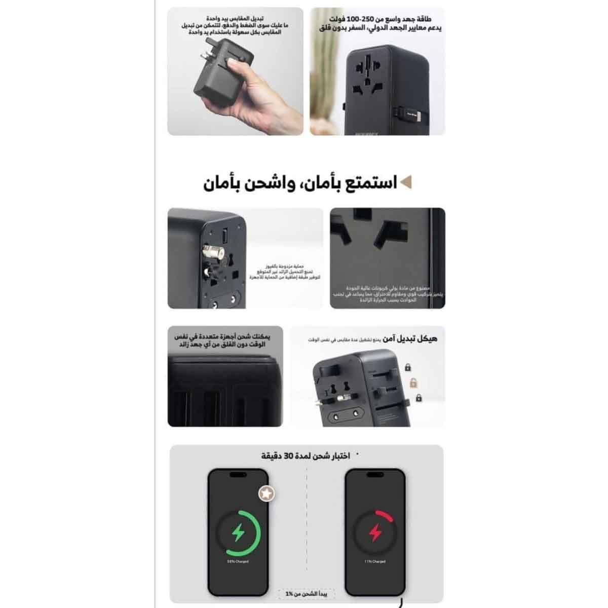 Jeebel Black 65W GaN Universal Travel Adapter With Built In USB-C Cable