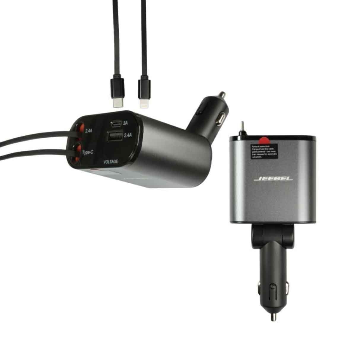 جيبل شاحن سيارة 120 واط 4-في-1 مع منافذ لايتنينغ وUSB-C باللون الرمادي