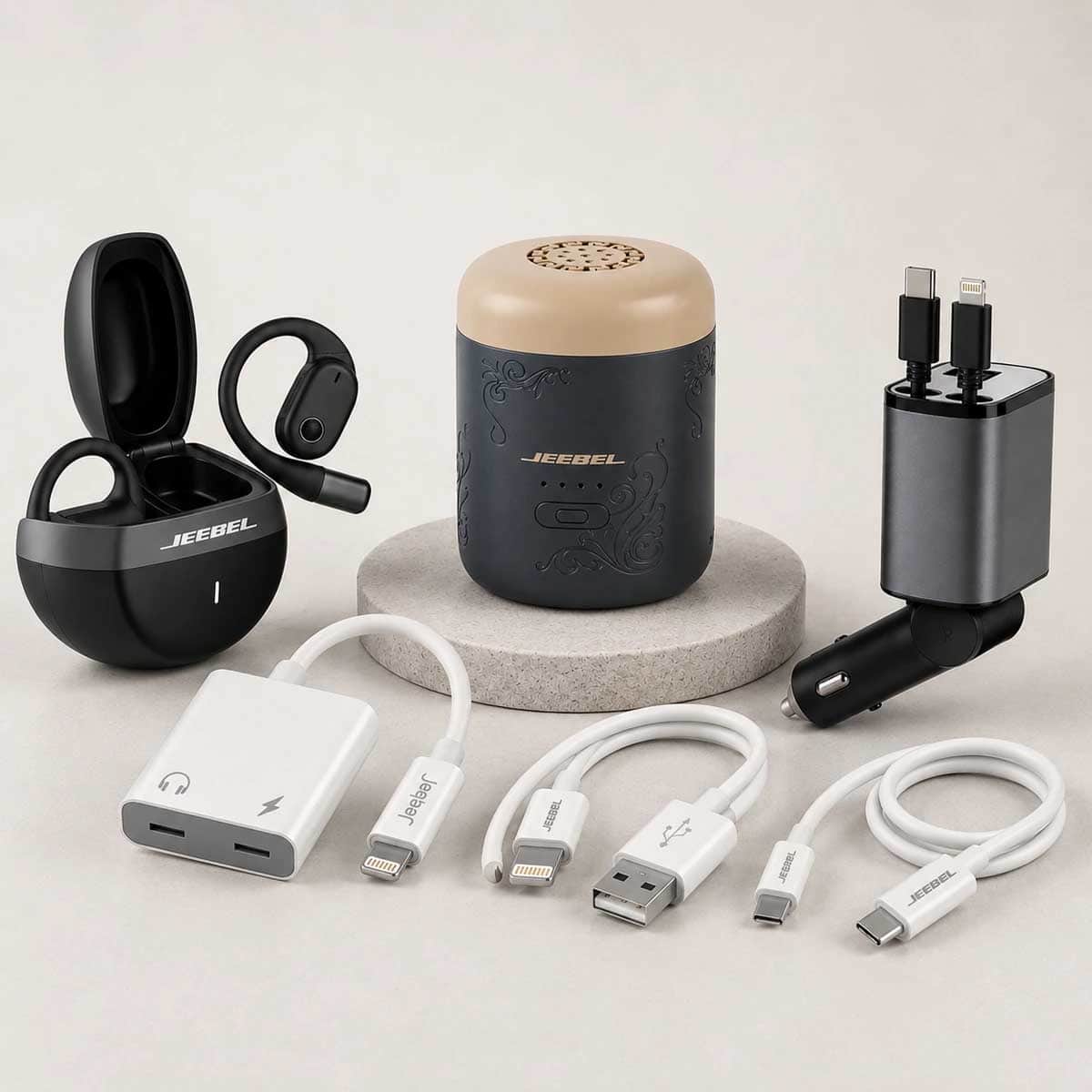 Jeebel Incense Burner with Wireless Earbuds + USB-C Adapter + 4-in-1 Car Charger + USB-C to USB-C & USB to Lightning Charging Cable Bundle