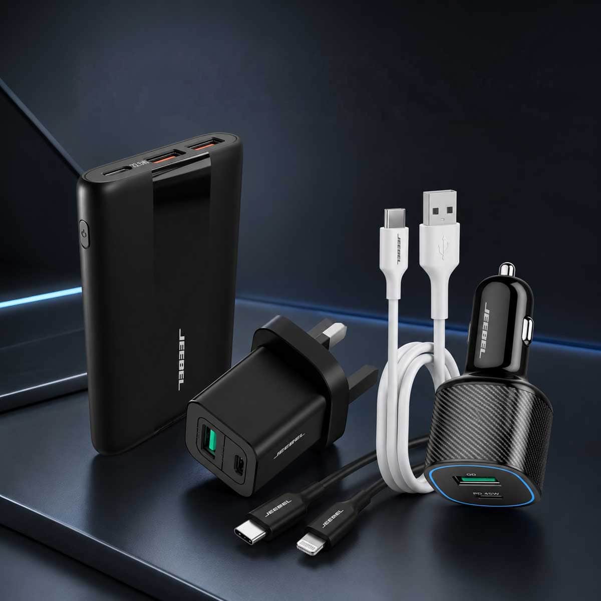 Jeebel Power Bank with Wall Charger + Car Charger + MFi Lightning & USB To USB-C Fast Charging Cable Bundle