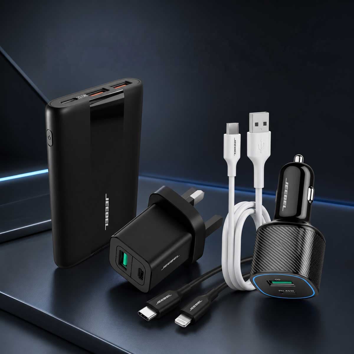 Jeebel Power Bank with Wall Charger + Car Charger + MFi Lightning & USB To USB-C Fast Charging Cable Bundle
