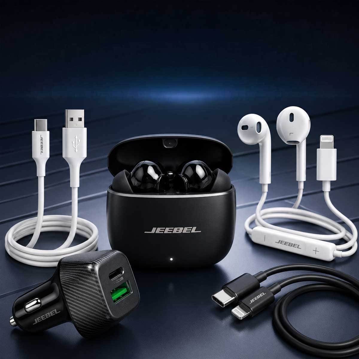 Jeebel TWS Earbuds with Earphone + Car Charger + MFi Type C & USB To USB-C Charging Cable Bundle