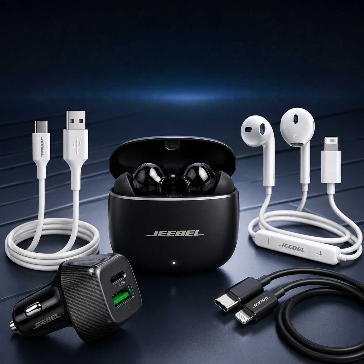 Jeebel TWS Earbuds with Earphone + Car Charger + MFi Type C & USB To USB-C Charging Cable Bundle