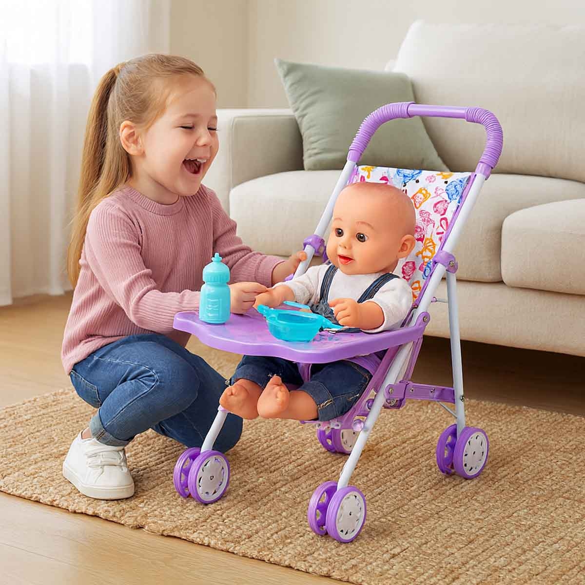 كيكي بيبي مجموعة دمية فتى مقاس 18 انش مع عربة وزجاجة وصحن عشاء للجنسين من عمر 3-4 سنوات