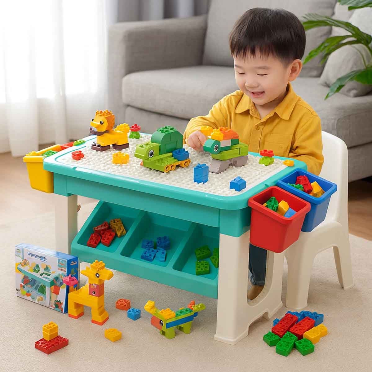 كيكبيبي طاولة مكعبات بناء مكونة من 69 قطعة للأولاد، من 3 إلى 4 سنوات