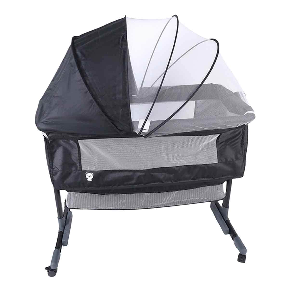 Kikibebe Dark Grey 3-in-1 Baby Bedside Crib with Storage Basket, Mosquito Net & Breathable Mattress Toddler, 0-2 Years