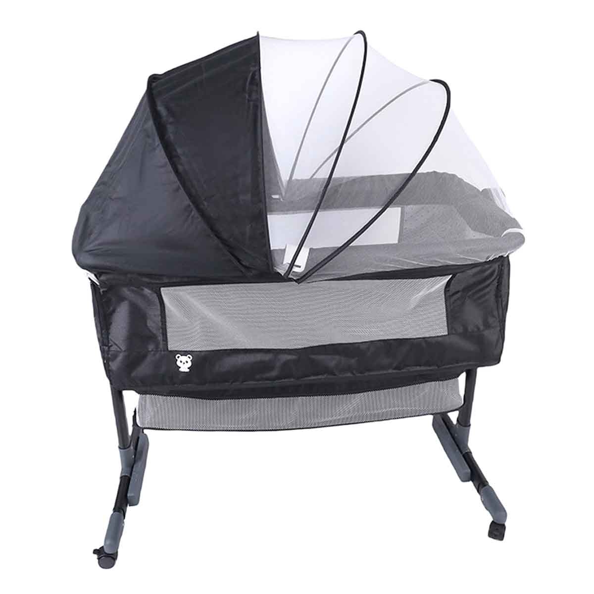 Kikibebe Dark Grey 3-in-1 Baby Bedside Crib with Storage Basket, Mosquito Net & Breathable Mattress Toddler, 0-2 Years