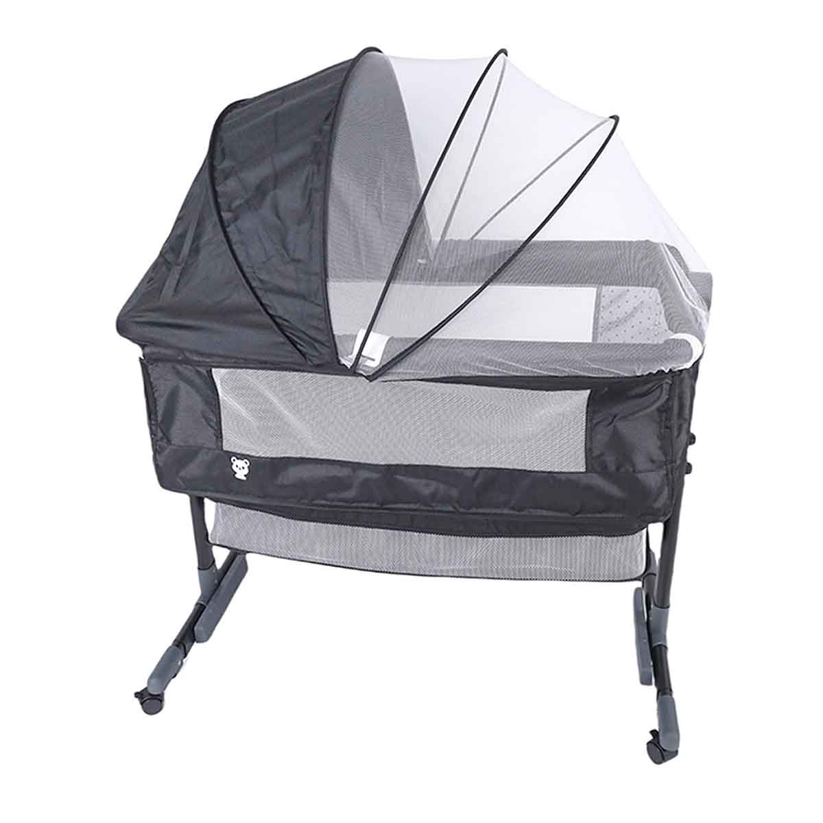 Kikibebe Dark Grey 3-in-1 Baby Bedside Crib with Storage Basket, Mosquito Net & Breathable Mattress Toddler, 0-2 Years