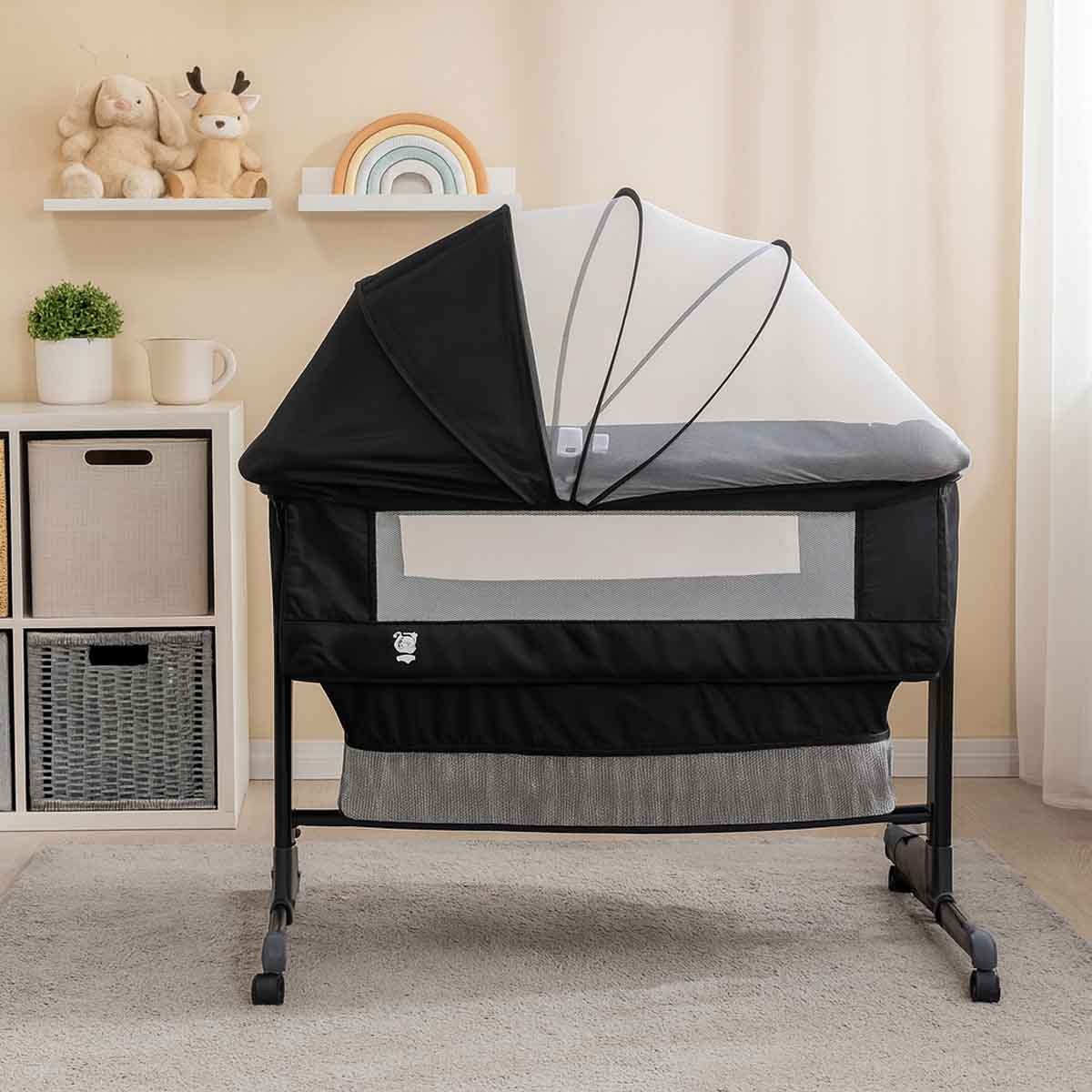 Kikibebe Dark Grey 3-in-1 Baby Bedside Crib with Storage Basket, Mosquito Net & Breathable Mattress Toddler, 0-2 Years