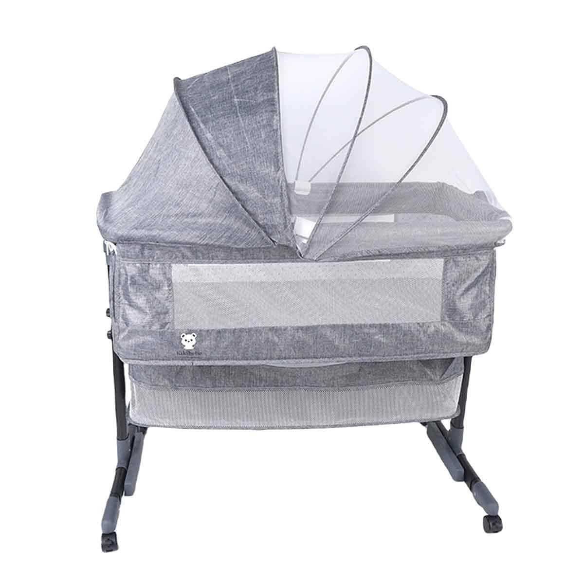Kikibebe Light Grey 3-in-1 Baby Bedside Crib with Storage Basket, Mosquito Net & Breathable Mattress Toddler, 0-2 Years