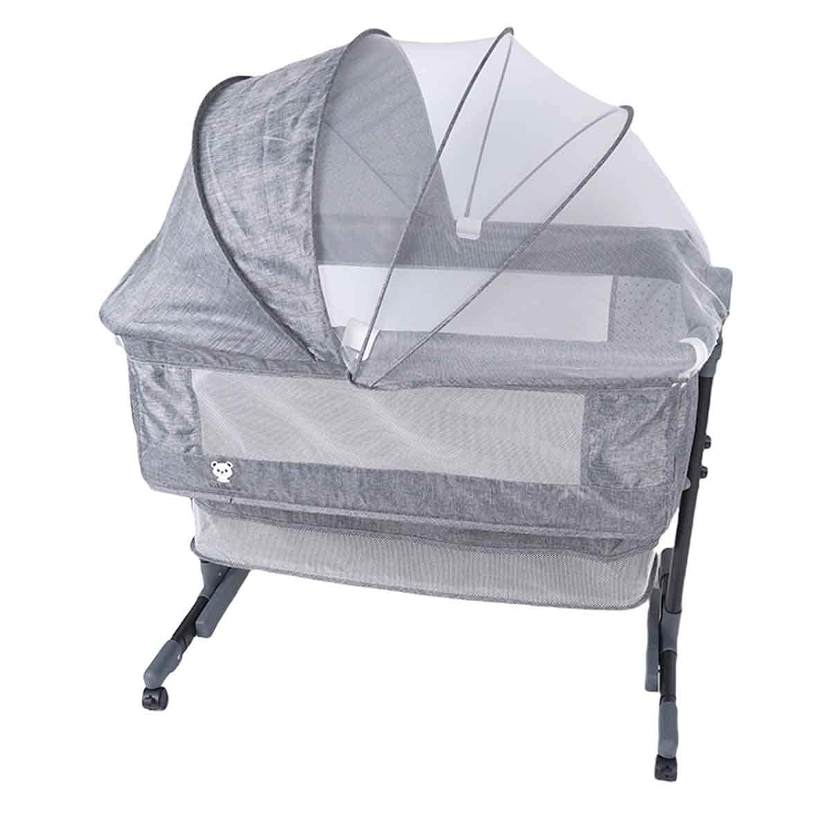 Kikibebe Light Grey 3-in-1 Baby Bedside Crib with Storage Basket, Mosquito Net & Breathable Mattress Toddler, 0-2 Years