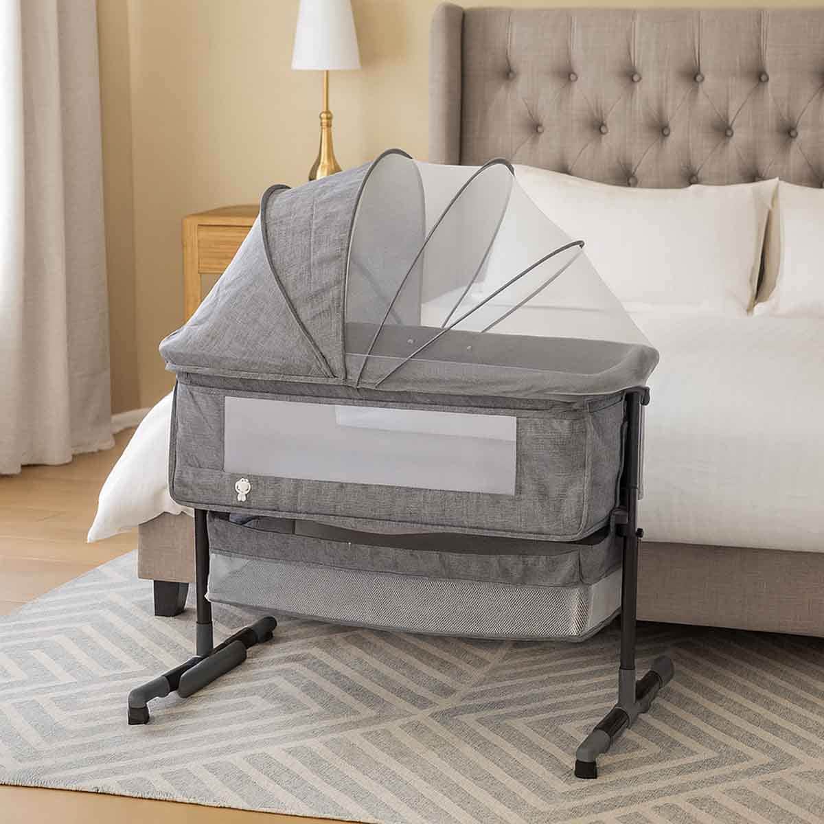 Kikibebe Light Grey 3-in-1 Baby Bedside Crib with Storage Basket, Mosquito Net & Breathable Mattress Toddler, 0-2 Years