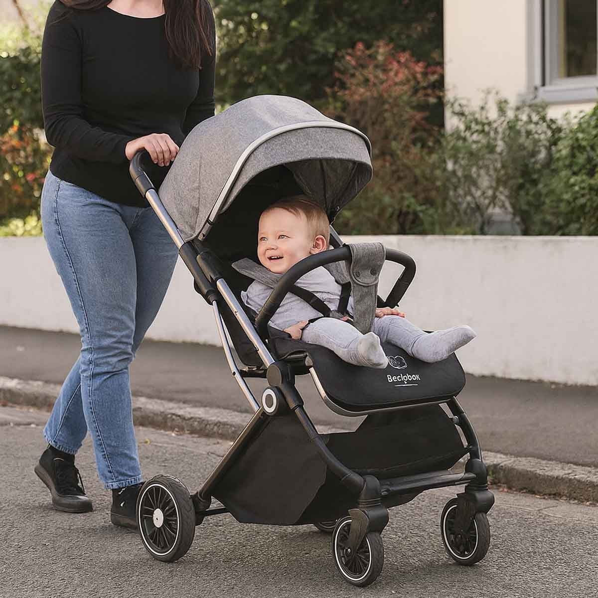Kikibebe Grey Lightweight Travel Stroller with Trolley Handle