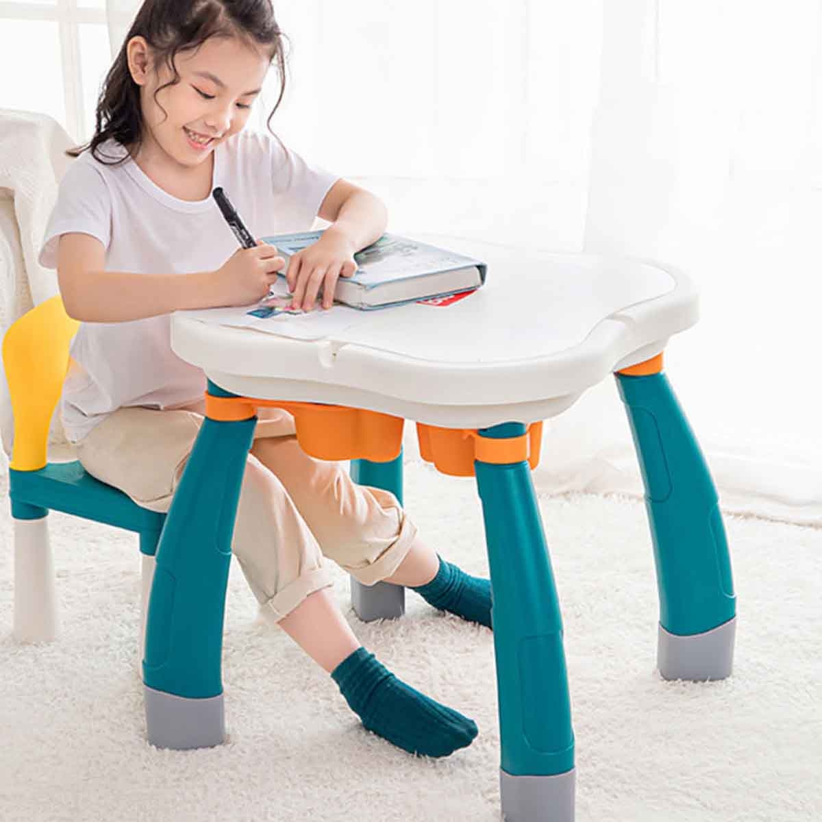 كيكبيبي طاولة مكعبات بناء على شكل زهرة البرقوق مع كرسي للجنسين، من 3 إلى 4 سنوات