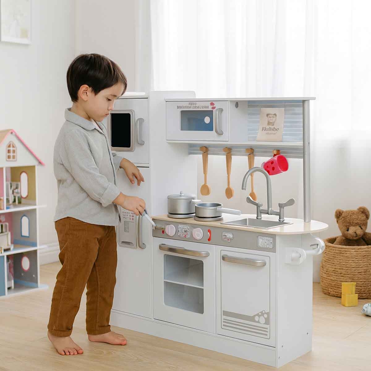 كيكي بيبي مطبخ لعب خشبي للأطفال باللون الأبيض للبنات من عمر 5-7 سنوات
