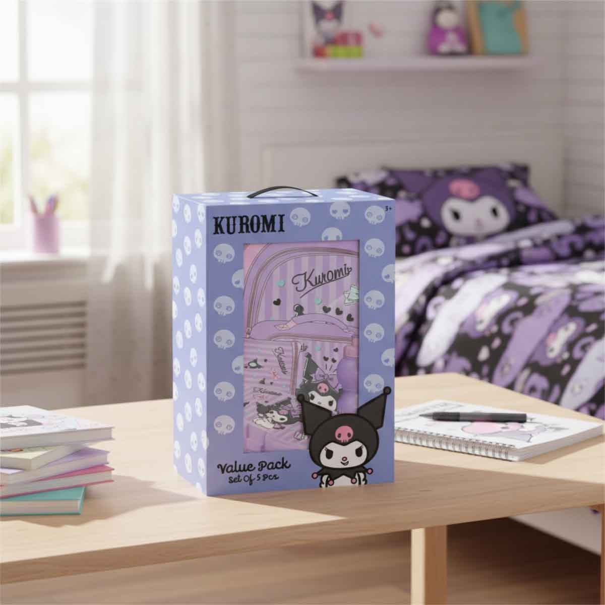 Kuromi 5-in-1 16” Trolley Bag, Lunch Box, Water Bottle, Pencil Case & Lunch Bag Kit