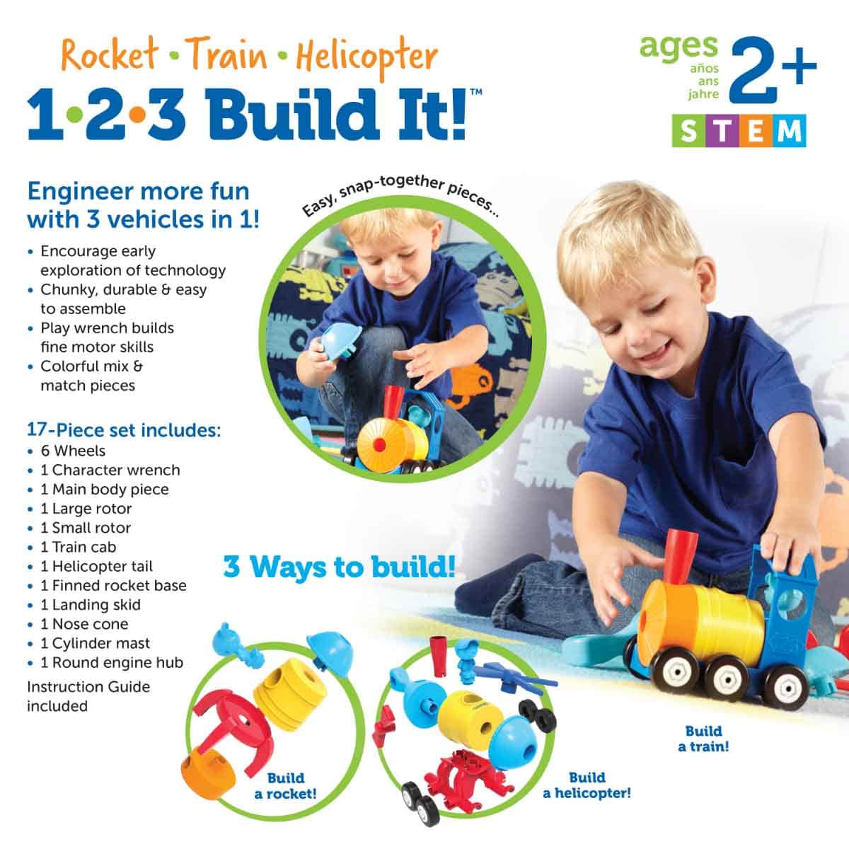 Learning Resources 1-2-3 Build It! Rocket-Train-Helicopter Unisex, 3-4 Years