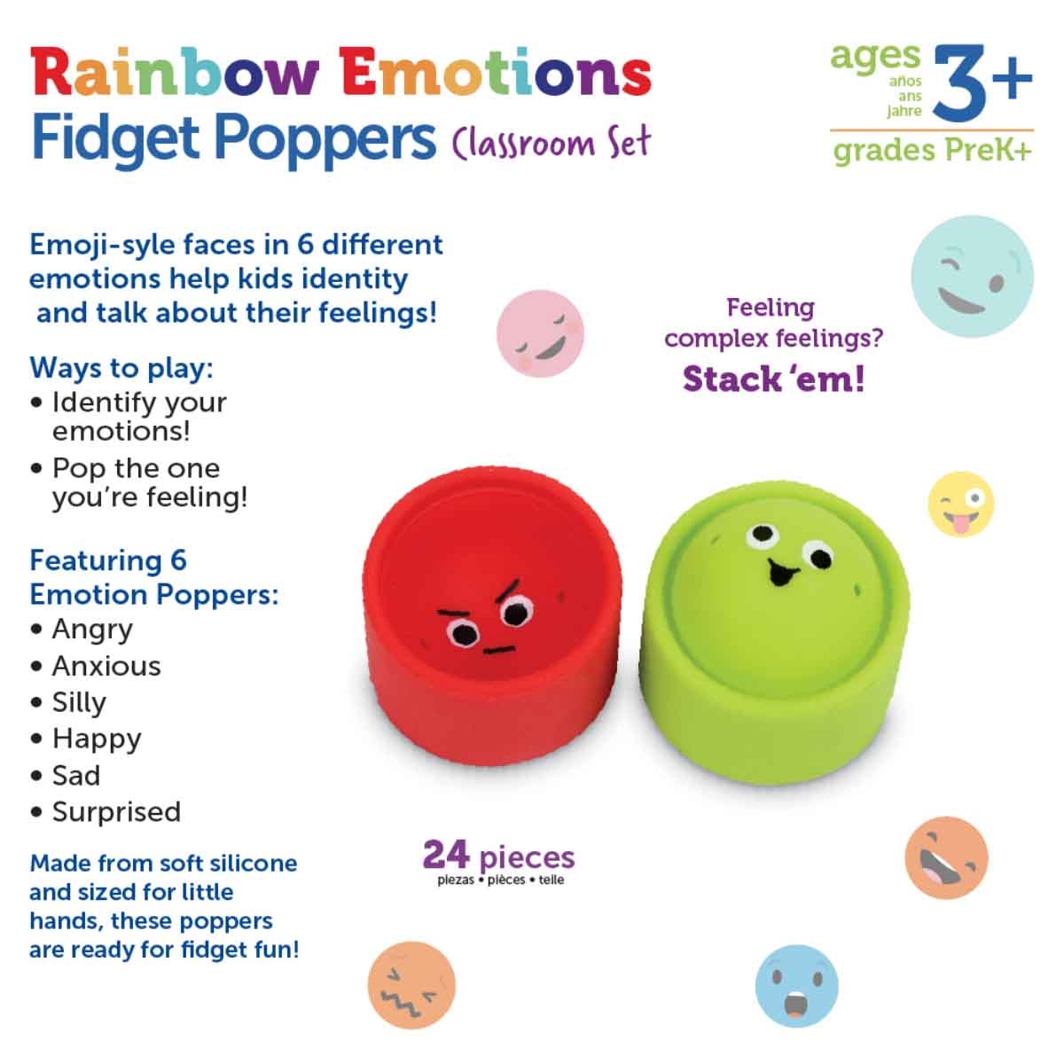 Learning Resources 24-Piece Rainbow Emotions Fidget Poppers Set Unisex, 3-4 Years