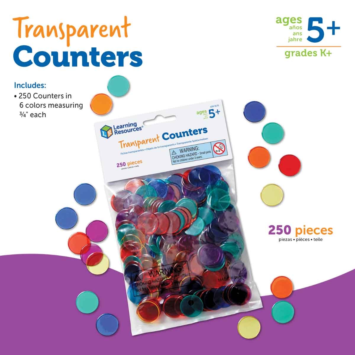 Learning Resources 250-Piece Transparent Counters Set Unisex, 5-7 Years
