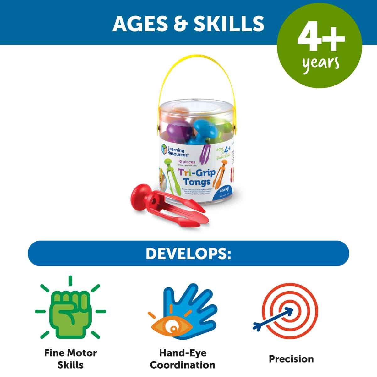 Learning Resources 6-Piece Tri-Grip Tongs Set Unisex, 5-7 Years