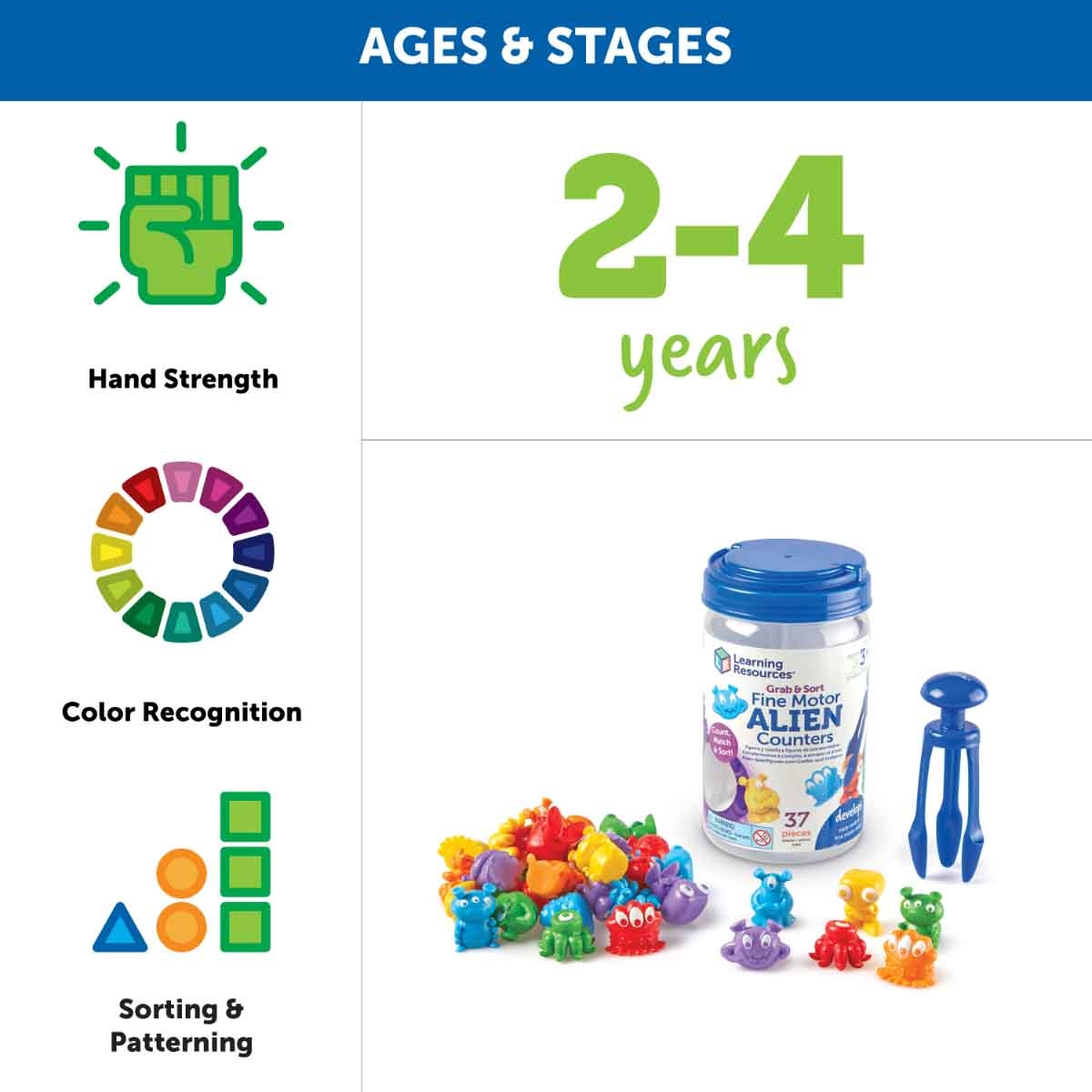 Learning Resources Grab & Sort Fine Motor Alien Counters Unisex, 3-4 Years
