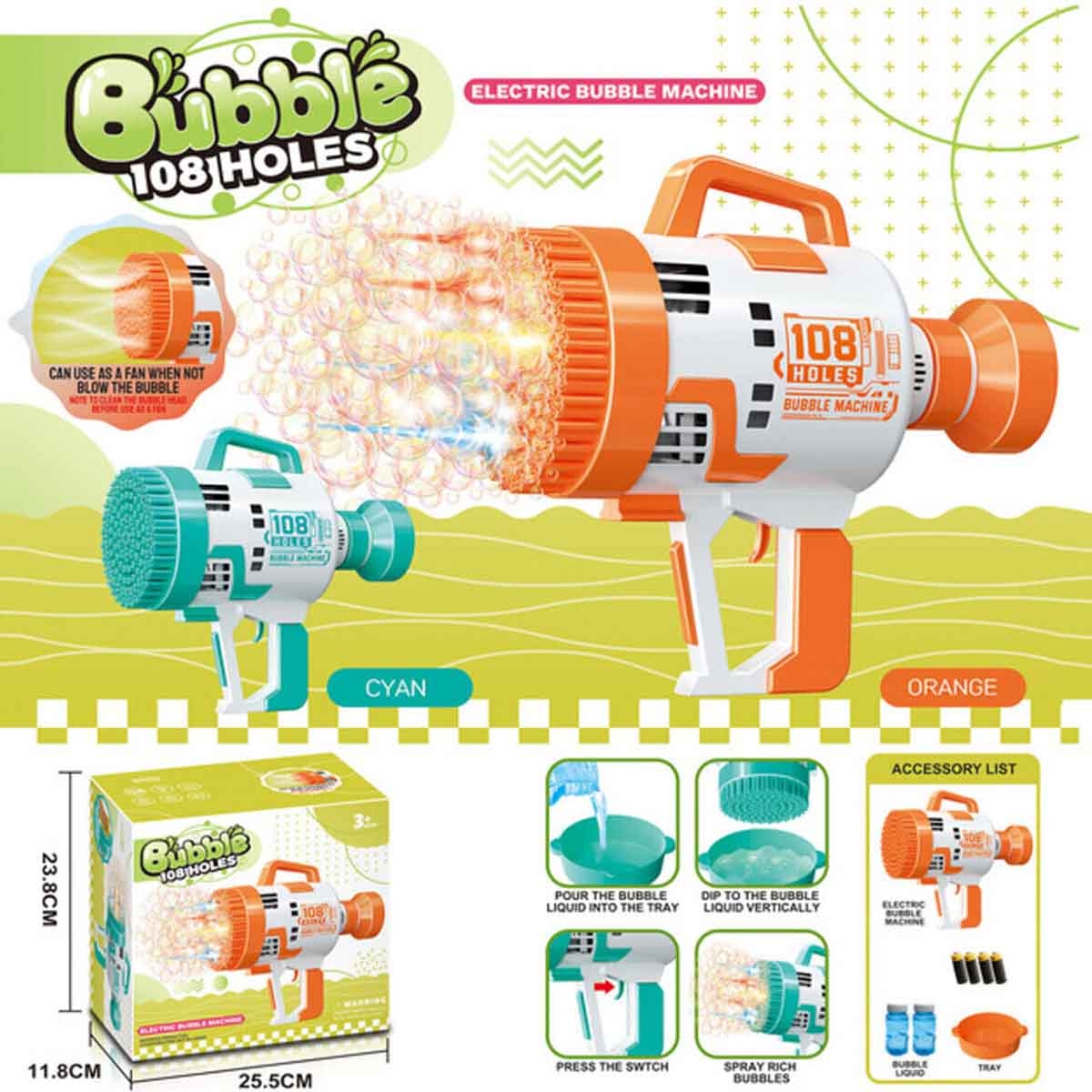 Little Story 108-Holes Cyan Bubble Machine Gun Battery Operated with Light/Bubble Maker Unisex, 3-4 Years