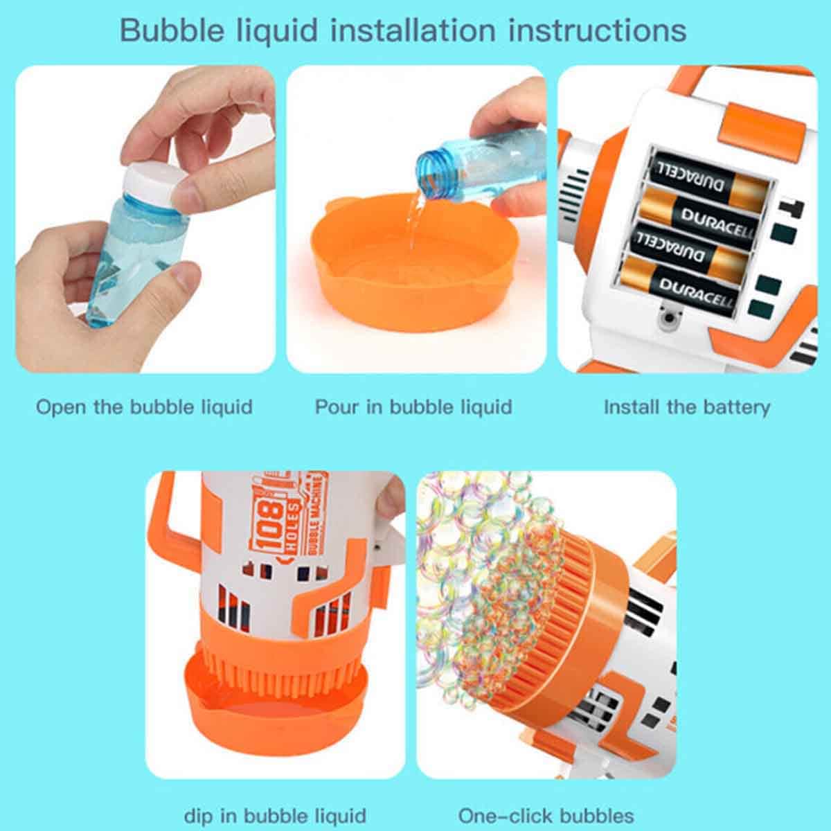 Little Story LS_108BGB_OR 108-Holes Orange Bubble Machine Gun with Light & Bubble Maker Unisex, 3-4 Years