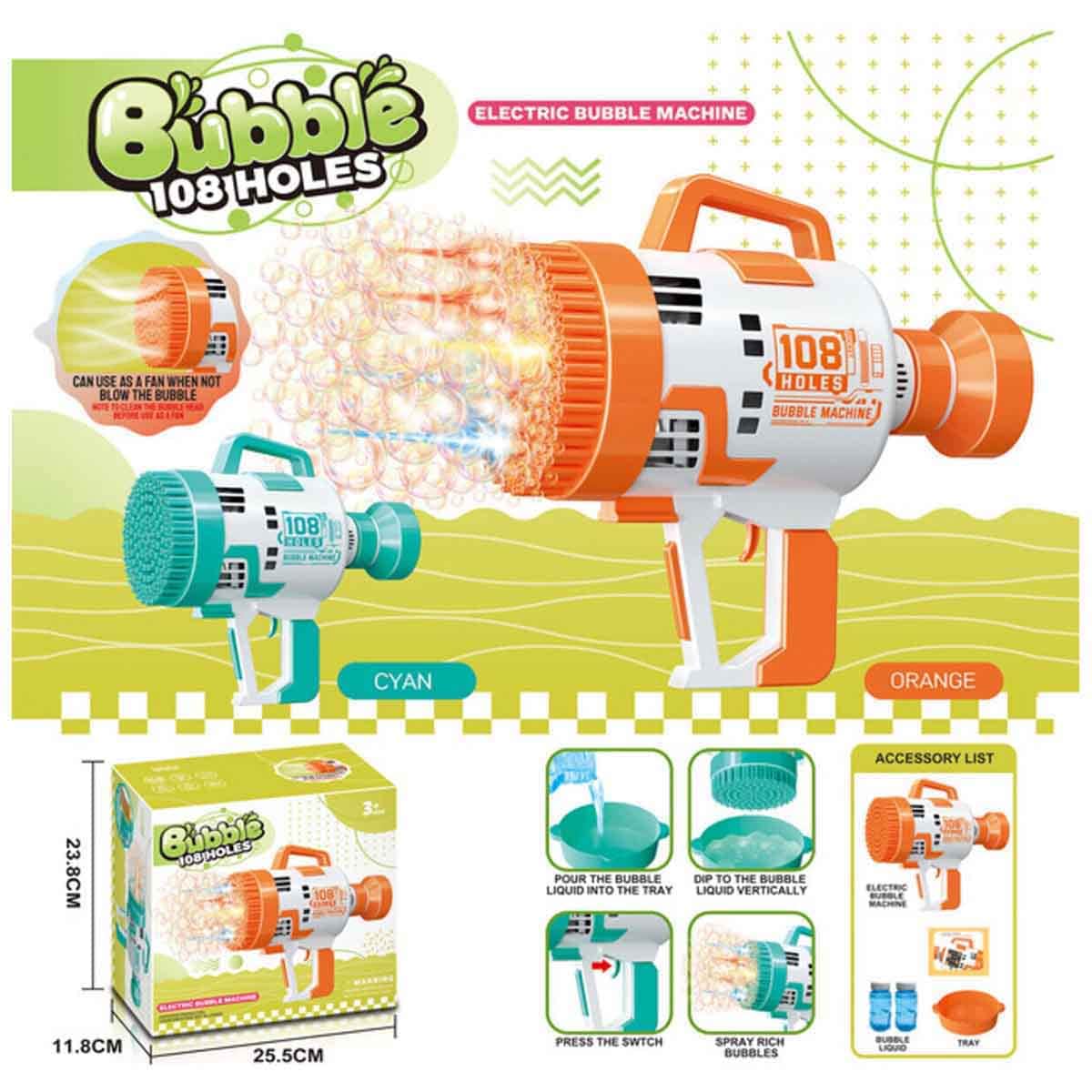 Little Story LS_108BGB_OR 108-Holes Orange Bubble Machine Gun with Light & Bubble Maker Unisex, 3-4 Years