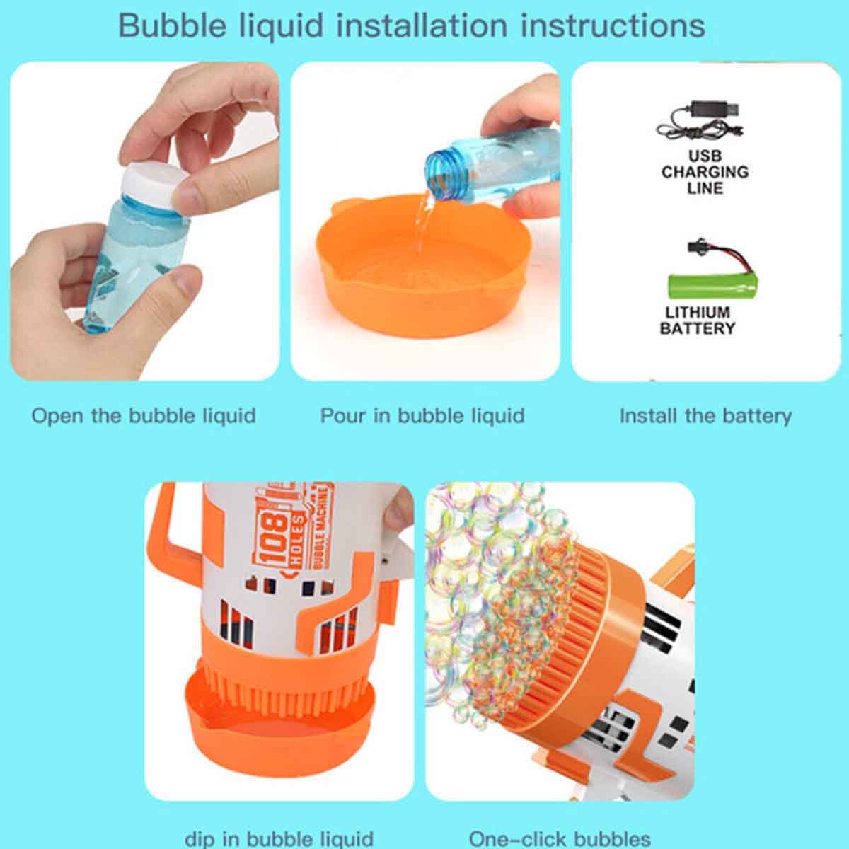 Little Story 108-Holes Orange Bubble Machine Gun with Light & Bubble Maker Unisex, 3-4 Years
