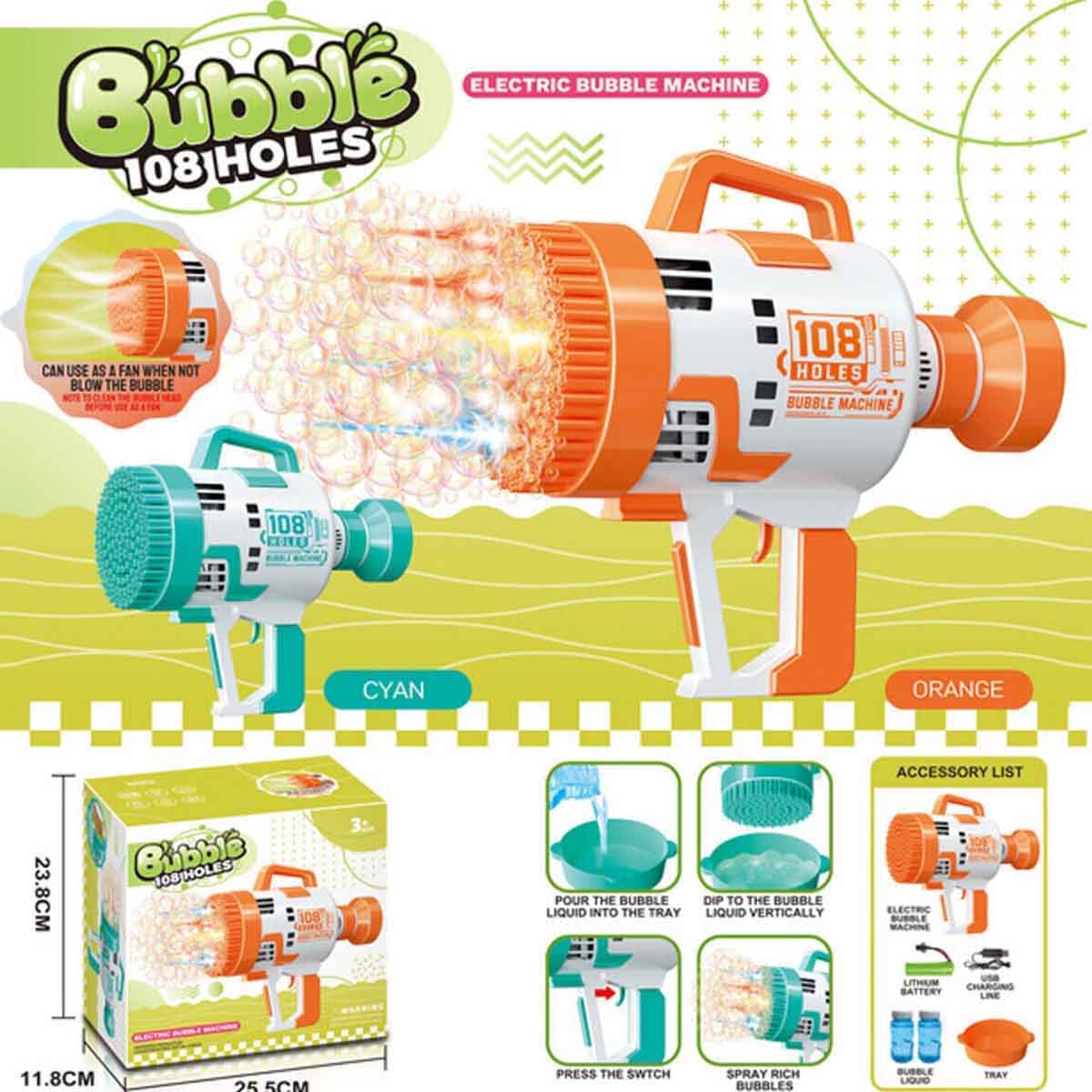 Little Story 108-Holes Orange Bubble Machine Gun with Light & Bubble Maker Unisex, 3-4 Years