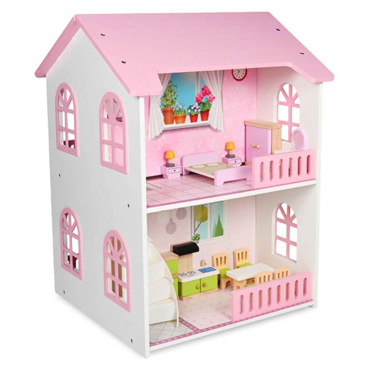 Little Story 2-Floor Villa Wooden Dollhouse with Furniture & Accessories Girls, 3-4 Years
