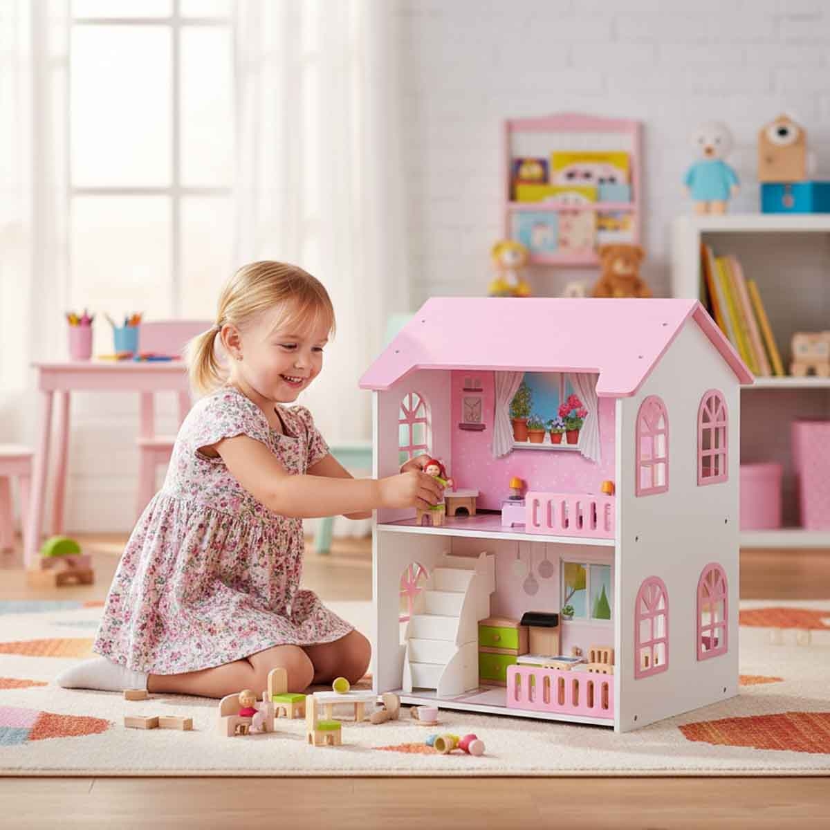Little Story 2-Floor Villa Wooden Dollhouse with Furniture & Accessories Girls, 3-4 Years