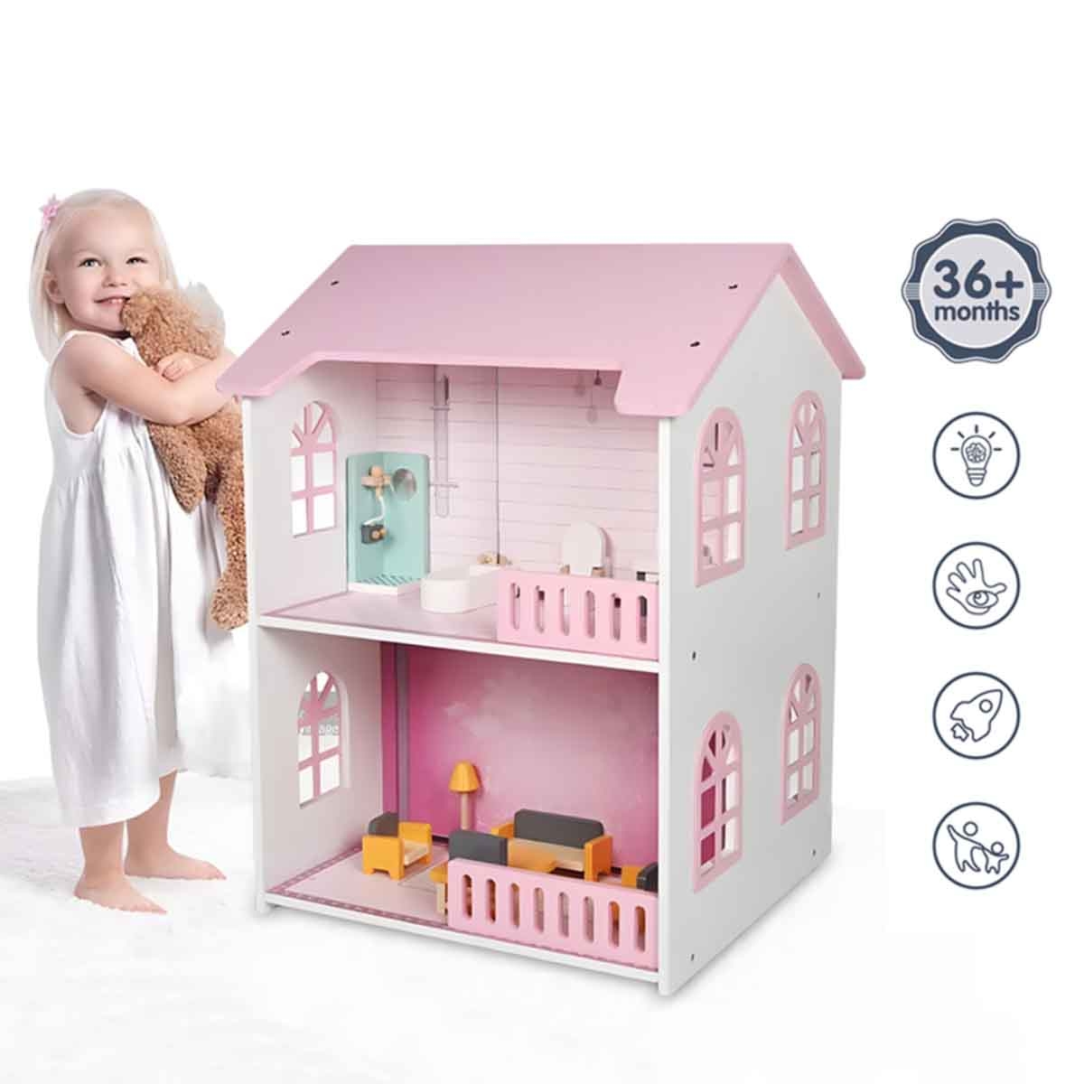 Little Story 2-Floor Villa Wooden Dollhouse with Furniture & Accessories Girls, 3-4 Years