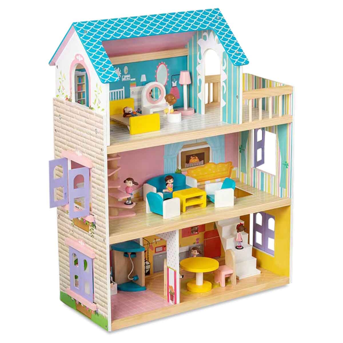 Little Story 3-Floors Wooden Dollhouse with Furniture Accessories & Dolls Girls, 3-4 Years
