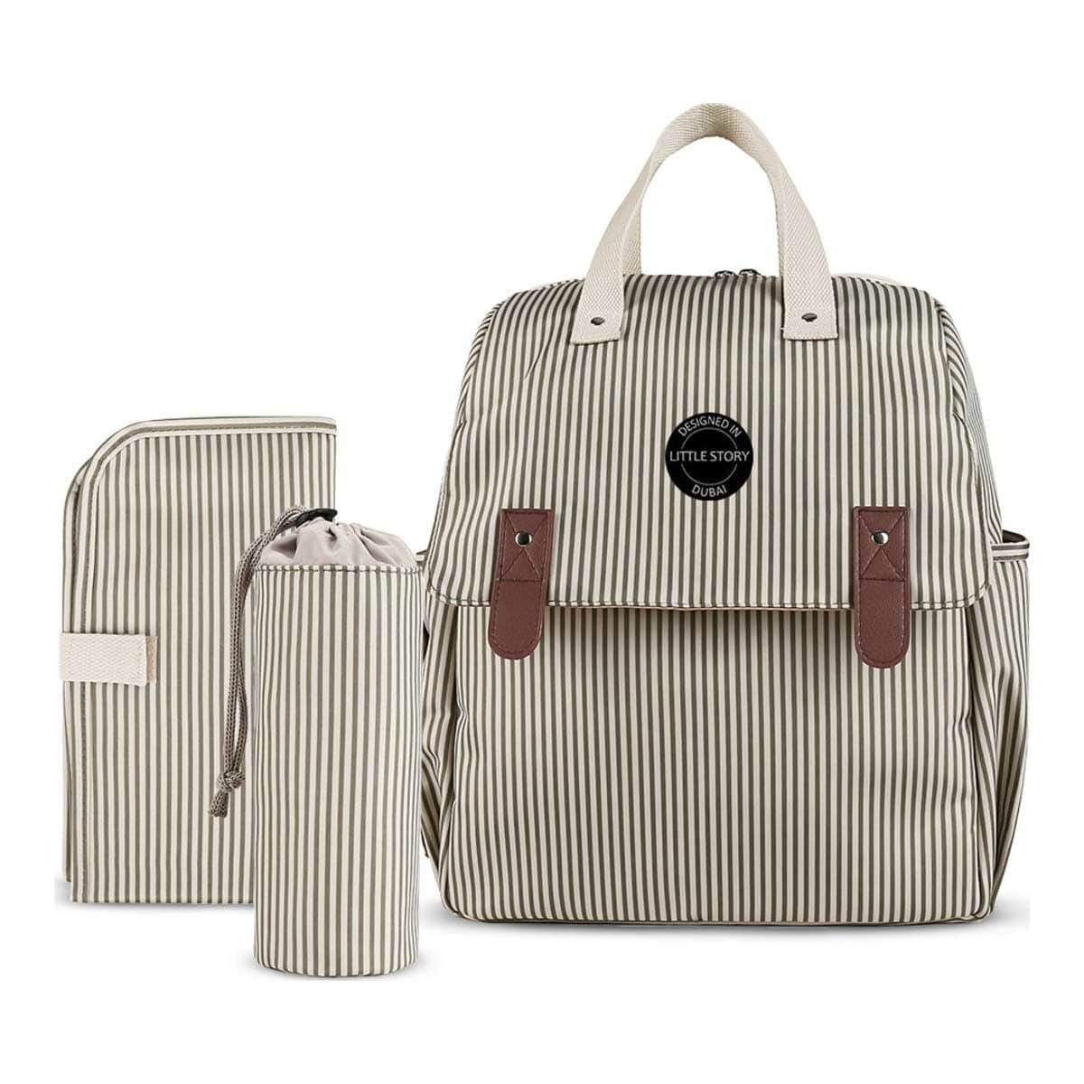 Little Story Beige Diaper Backpack with Changing Mat & Bottle Bag