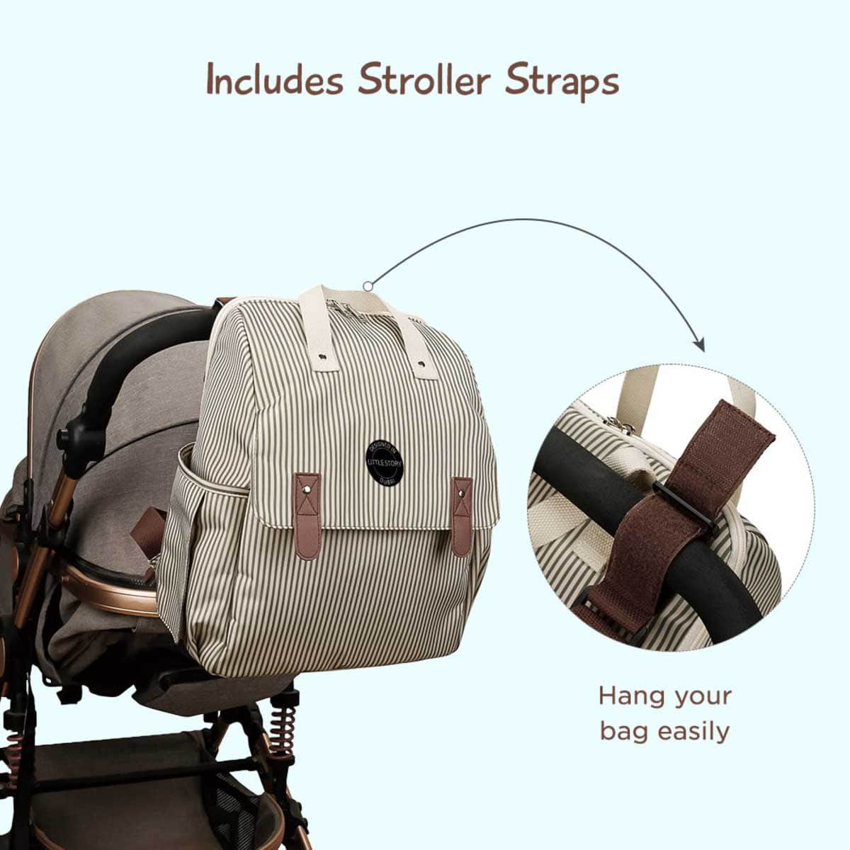 Little Story Beige Diaper Backpack with Changing Mat & Bottle Bag