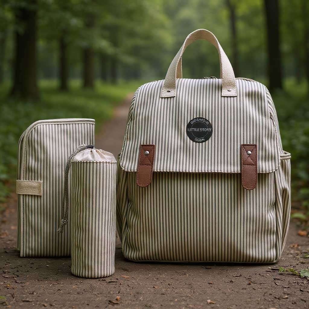 Little Story Beige Diaper Backpack with Changing Mat & Bottle Bag