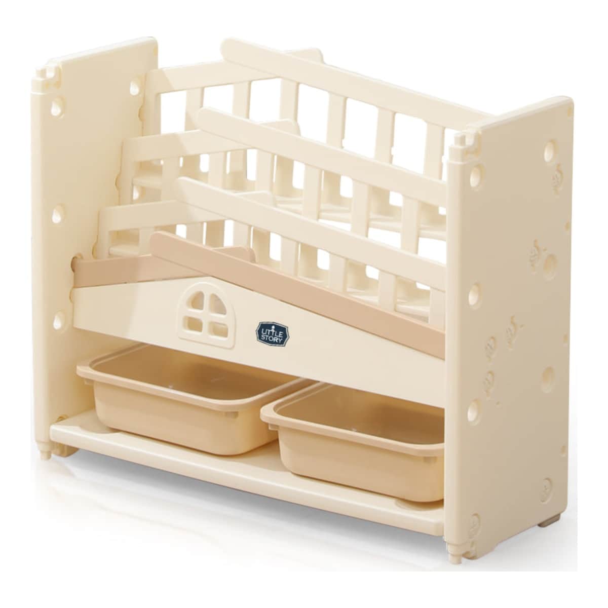 Little Story Beige Kids Bookshelf with 2 Toy Storage Bins