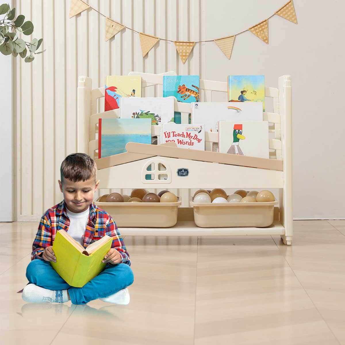 Little Story Beige Kids Bookshelf with 2 Toy Storage Bins