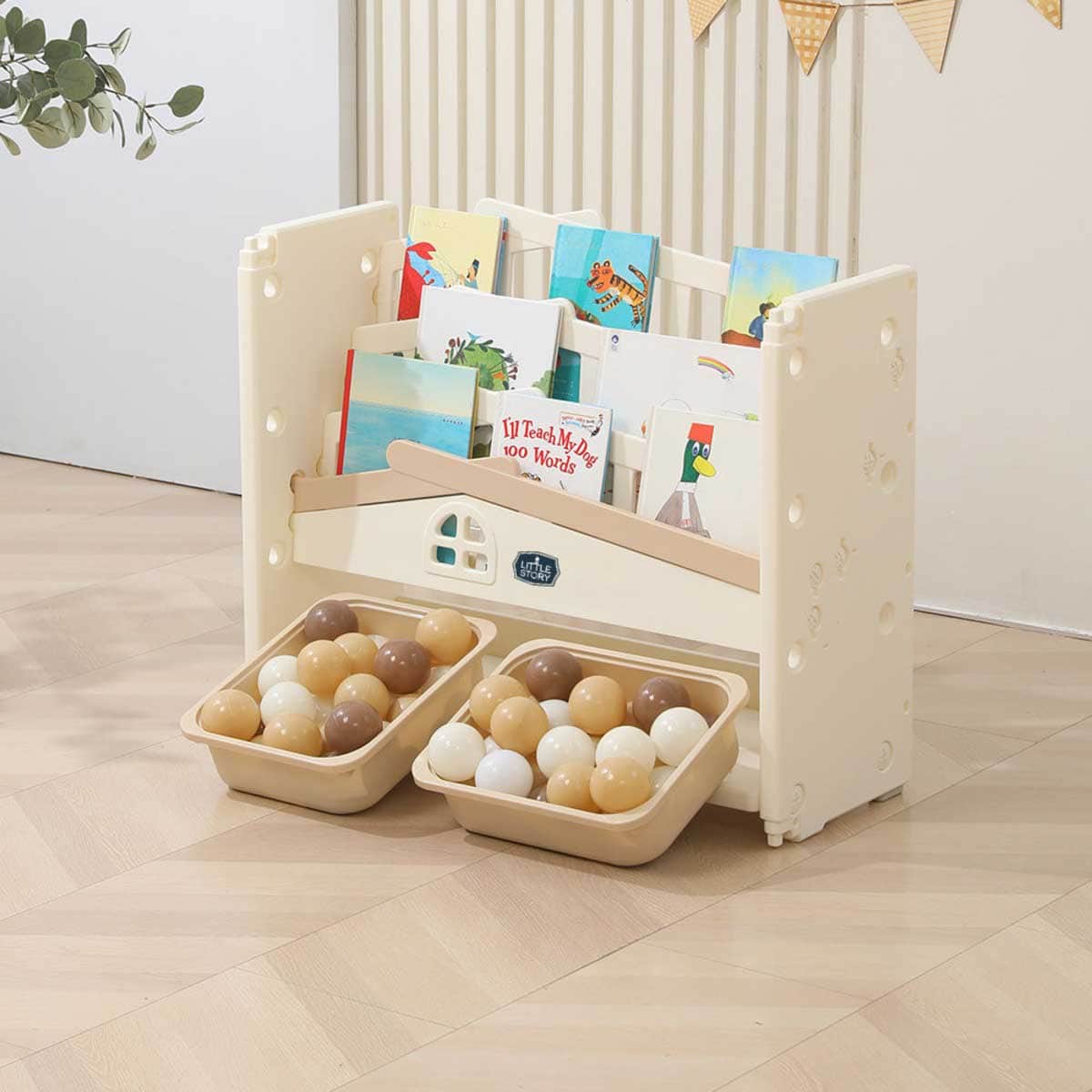 Little Story Beige Kids Bookshelf with 2 Toy Storage Bins