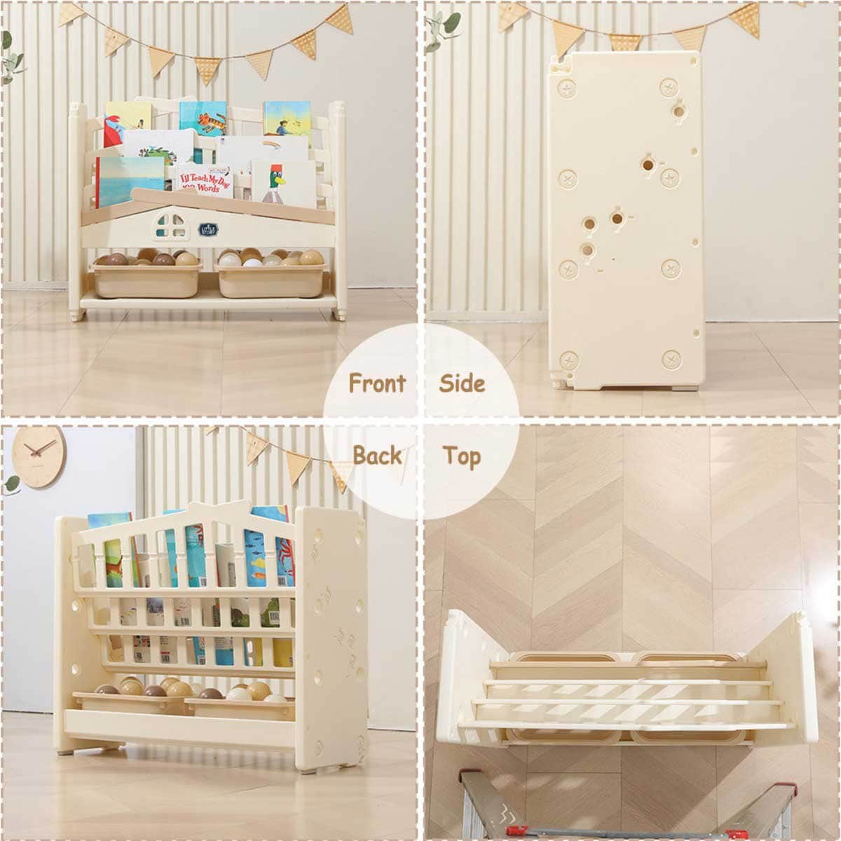 Little Story Beige Kids Bookshelf with 2 Toy Storage Bins