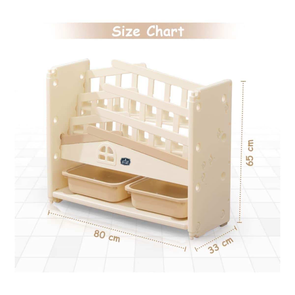 Little Story Beige Kids Bookshelf with 2 Toy Storage Bins