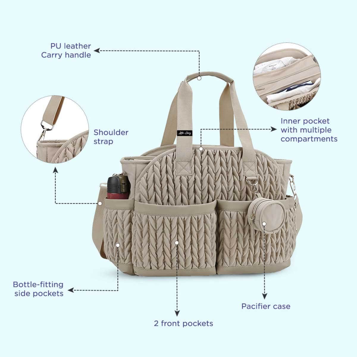Little Story Beige Nova Tote Bag with Pacifier Pod